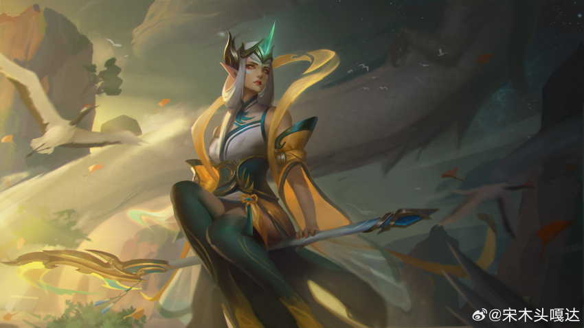 1girl, absurdres, artist_name, bird, bush, closed_mouth, cloud, cloudy_sky