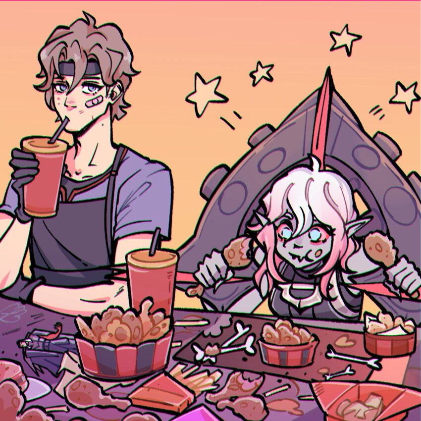 1boy, 1girl, ahoge, bandaid, bandaid_on_face, blue_eyes, blue_shirt, bone, briar_(league_of_legends), brown_hair, chromatic_aberration, colored_sclera, colored_skin, cup, drinking, drinking_straw, drumsticks, eating, fang, food, french_fries, gatopescado3, gloves, grey_hair, hair_between_eyes, headband, holding, holding_cup, holding_drumsticks, league_of_legends, long_hair, looking_at_viewer, multicolored_hair, no_pupils, pink_hair, pink_sclera, pointy_ears, shirt, short_hair, short_sleeves, sidelocks, simple_background, skin_fang, star_(symbol), streaked_hair, table, two-tone_hair, white_eyes, wrist_cuffs