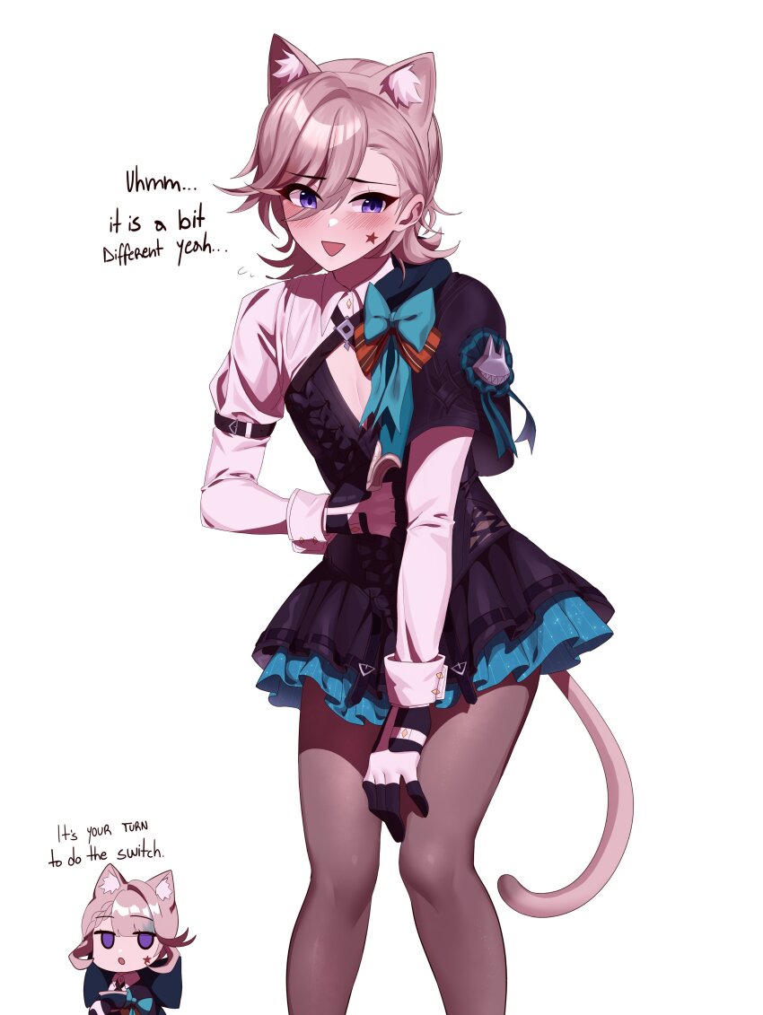 1boy, 1girl, absurdres, animal_ears, annidrw, blonde_hair, brother_and_sister, cat_boy, cat_ears, cat_tail, cosplay, english_text, facial_mark, genshin_impact, hat, highres, long_sleeves, lynette_(genshin_impact), lynette_(genshin_impact)_(cosplay), lyney_(genshin_impact), male_focus, open_mouth, pantyhose, purple_eyes, siblings, star_(symbol), star_facial_mark, tail, trap, white_background