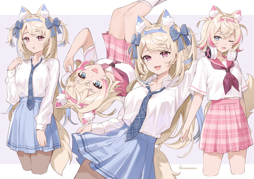 2girls, alternate_costume, animal_ear_fluff, animal_ears, blonde_hair, blue_eyes, blue_hair, dog_ears