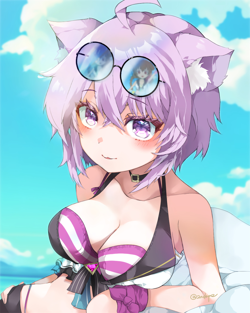 2girls, 2ndope, absurdres, ahoge, animal_ear_fluff, animal_ears, belt_collar, bikini, black-framed_eyewear, black_collar, blue_sky, blush, braid, breasts, brown_eyes, brown_hair, cat_ears, cat_girl, cleavage, cloud, collar, dog_ears, dog_girl, eyewear_on_head, hand_on_own_hip, high-waist_bikini, highres, hololive, hololive_summer_2023_swimsuit, inugami_korone, large_breasts, looking_at_viewer, medium_hair, multiple_girls, nekomata_okayu, purple_bikini, purple_eyes, purple_hair, sky, smile, striped_bikini, striped_clothes, swimsuit, twin_braids, virtual_youtuber, water