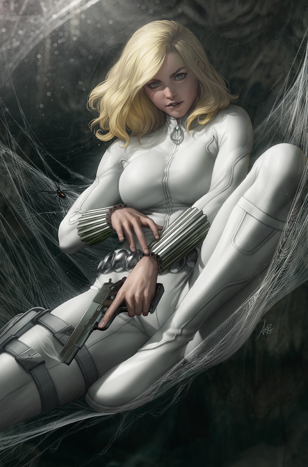 1girl, belt, black_widow, blonde_hair, bodysuit, boots, browning_hi-power, bug, grey_eyes, gun, handgun, highres, marvel, medium_hair, official_art, silk, sitting, solo, spider, spider_web, stanley_lau, weapon, white_bodysuit, white_boots, yelena_belova