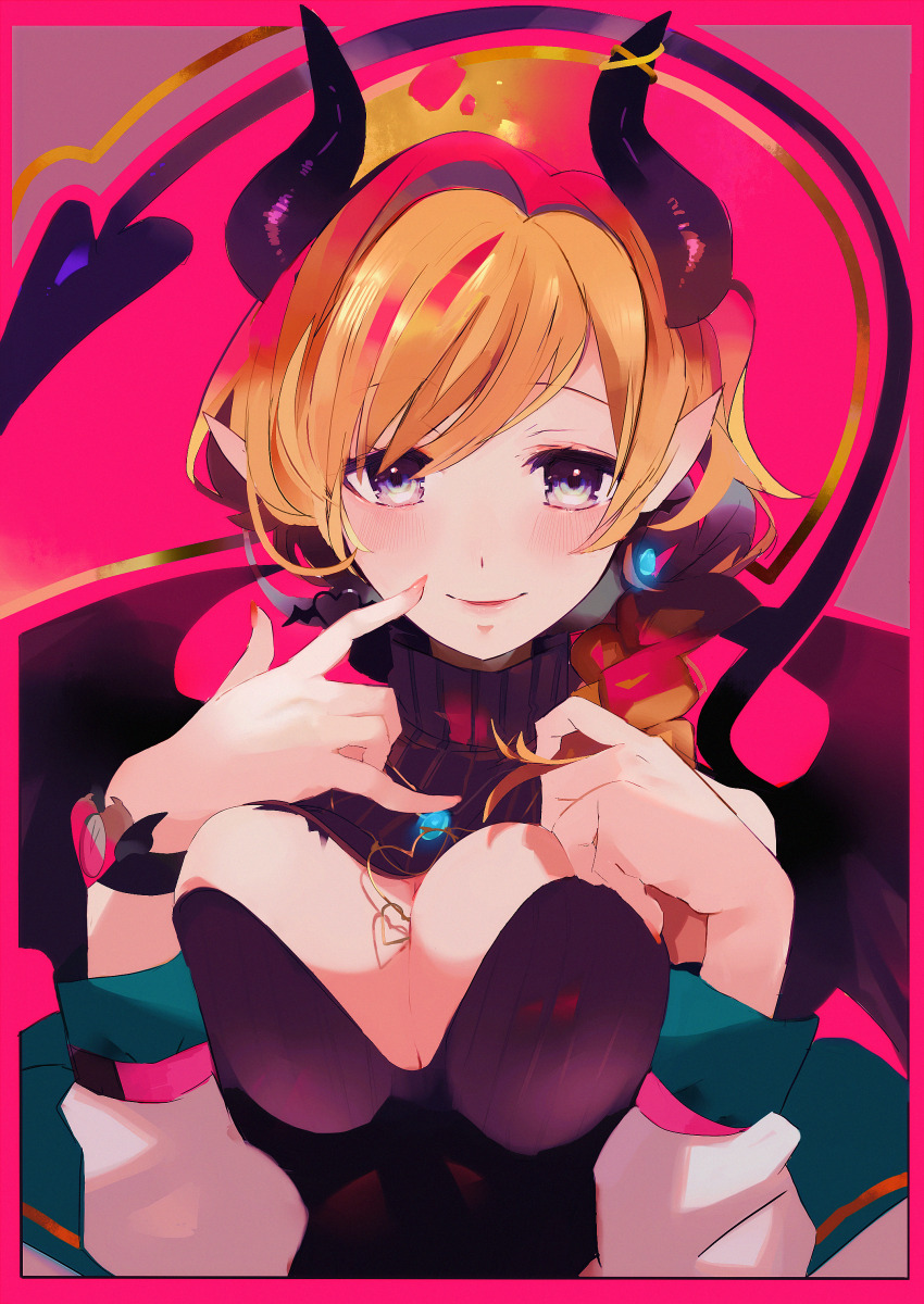 1girl, absurdres, blonde_hair, blush, breasts, cleavage, demon_girl, demon_horns