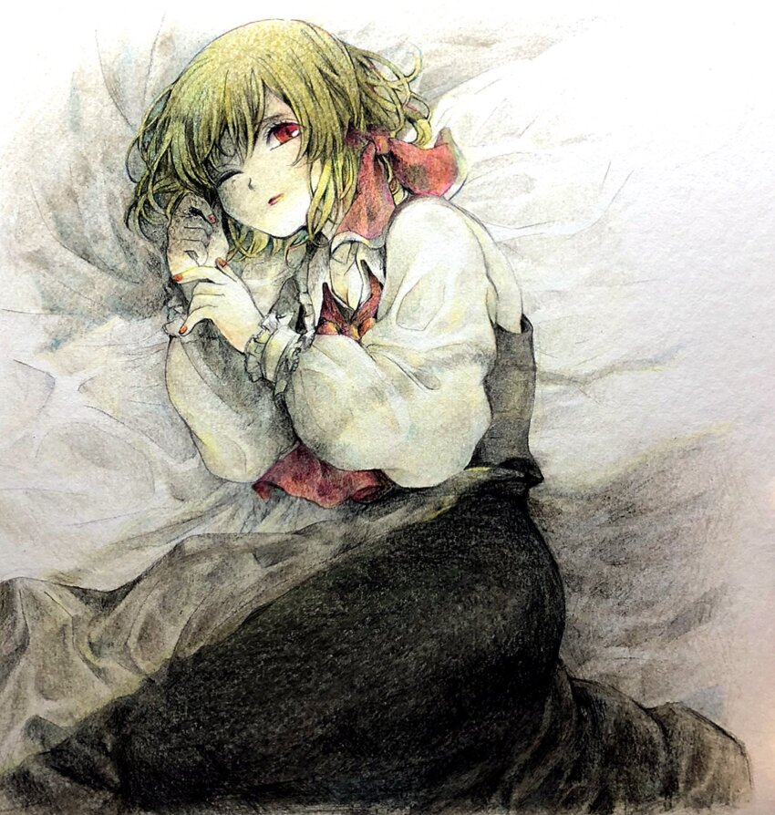 1girl, ascot, black_skirt, black_vest, blonde_hair, collared_shirt, colored_pencil_(medium), fingernails