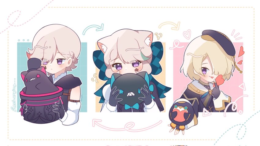 1girl, 2boys, animal_ear_fluff, animal_ears, arrow_(symbol), beret, black_gloves, bow