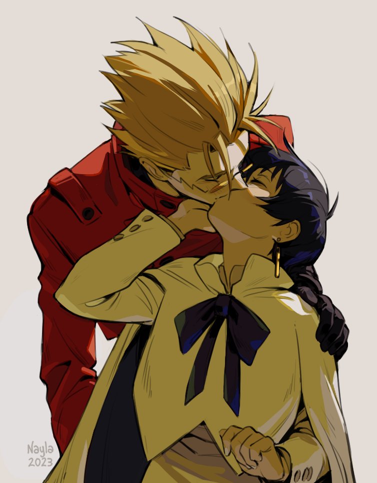 1boy, 1girl, black_hair, black_ribbon, blonde_hair, cape, closed_eyes, coat, couple, earrings, hetero, jewelry, kiss, lemoneto, meryl_stryfe, red_coat, ribbon, short_hair, simple_background, sunglasses, trigun, vash_the_stampede, white_background, white_cape
