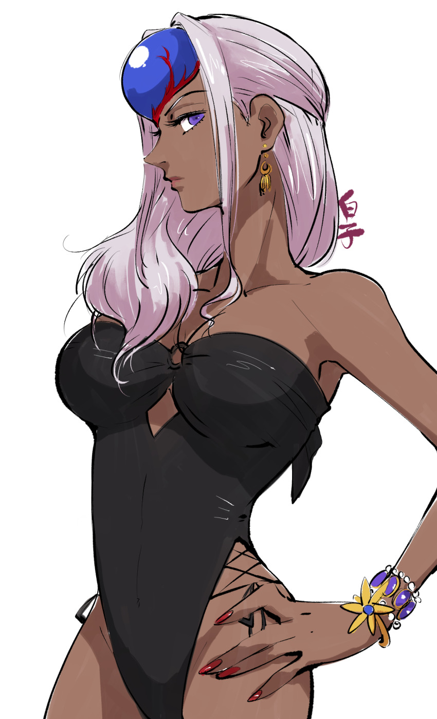 1girl, breasts, closed_mouth, dark-skinned_female, dark_skin, earrings, forehead_jewel, highres