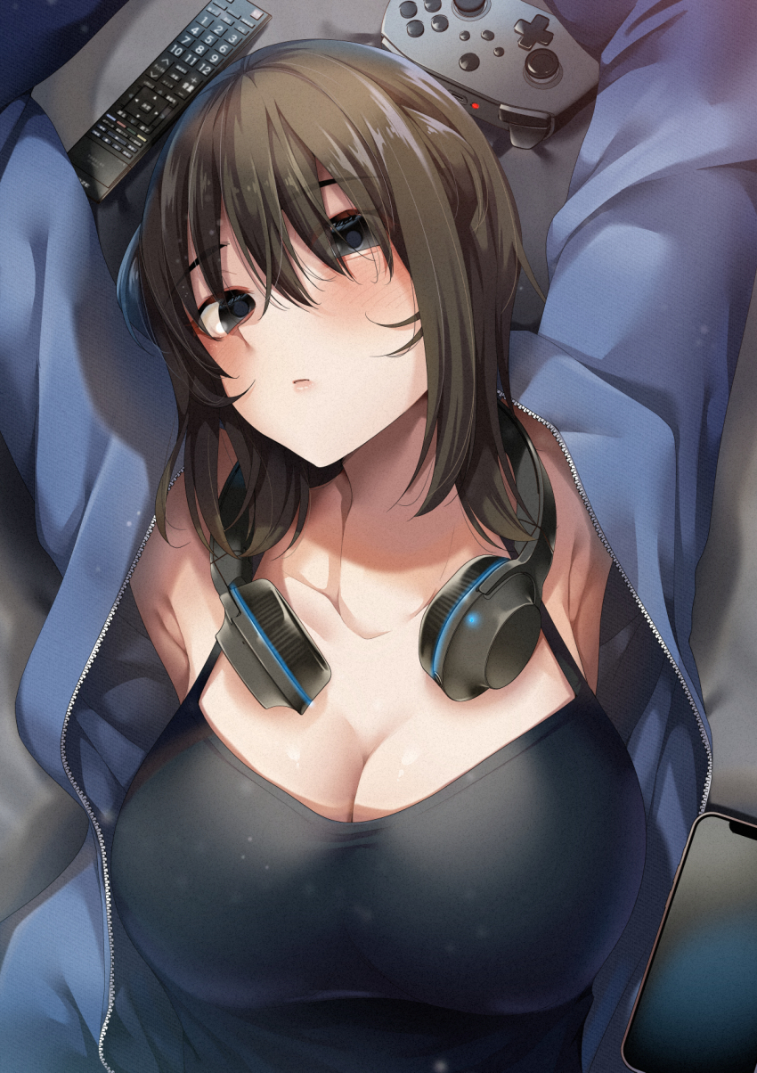 1girl, armpits, black_eyes, black_tank_top, blue_jacket, breasts, brown_hair, cellphone
