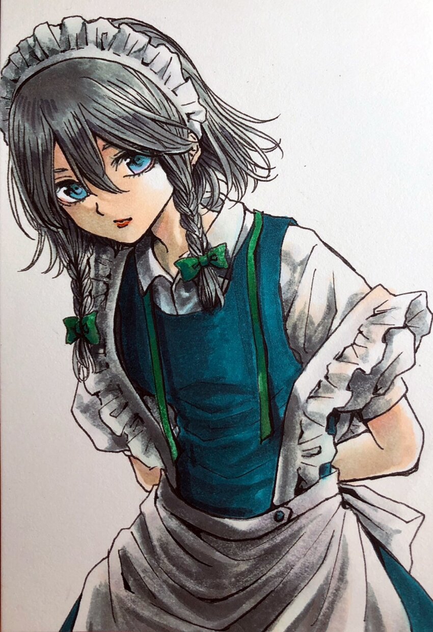 1girl, apron, arms_behind_back, back_bow, blue_dress, blue_eyes, bow, closed_mouth