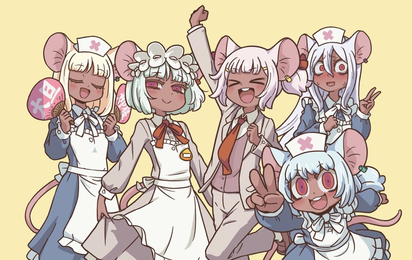 >_<, 5girls, animal_ears, apron, arm_up, blonde_hair, blue_dress, blue_hair