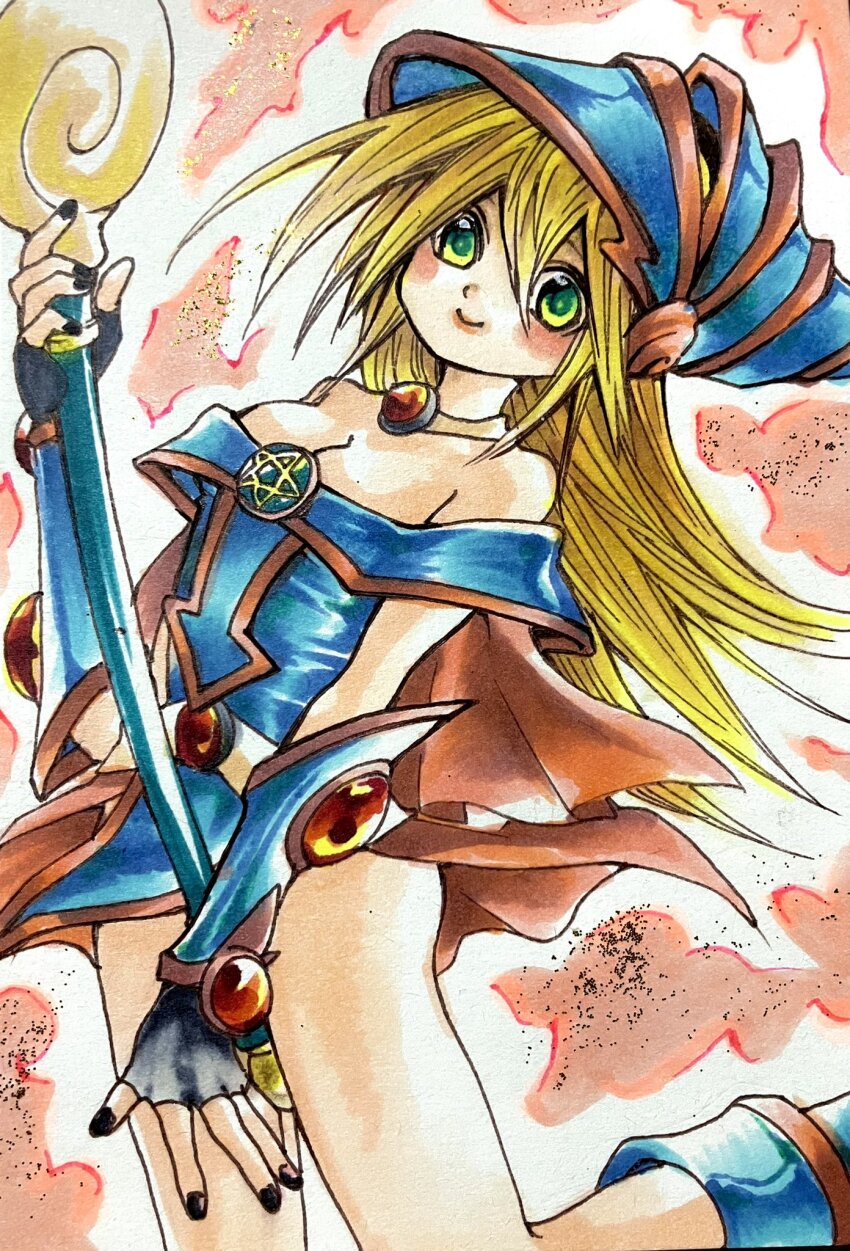 1girl, bare_shoulders, between_legs, black_gloves, black_nails, blonde_hair, blue_hat, bracer