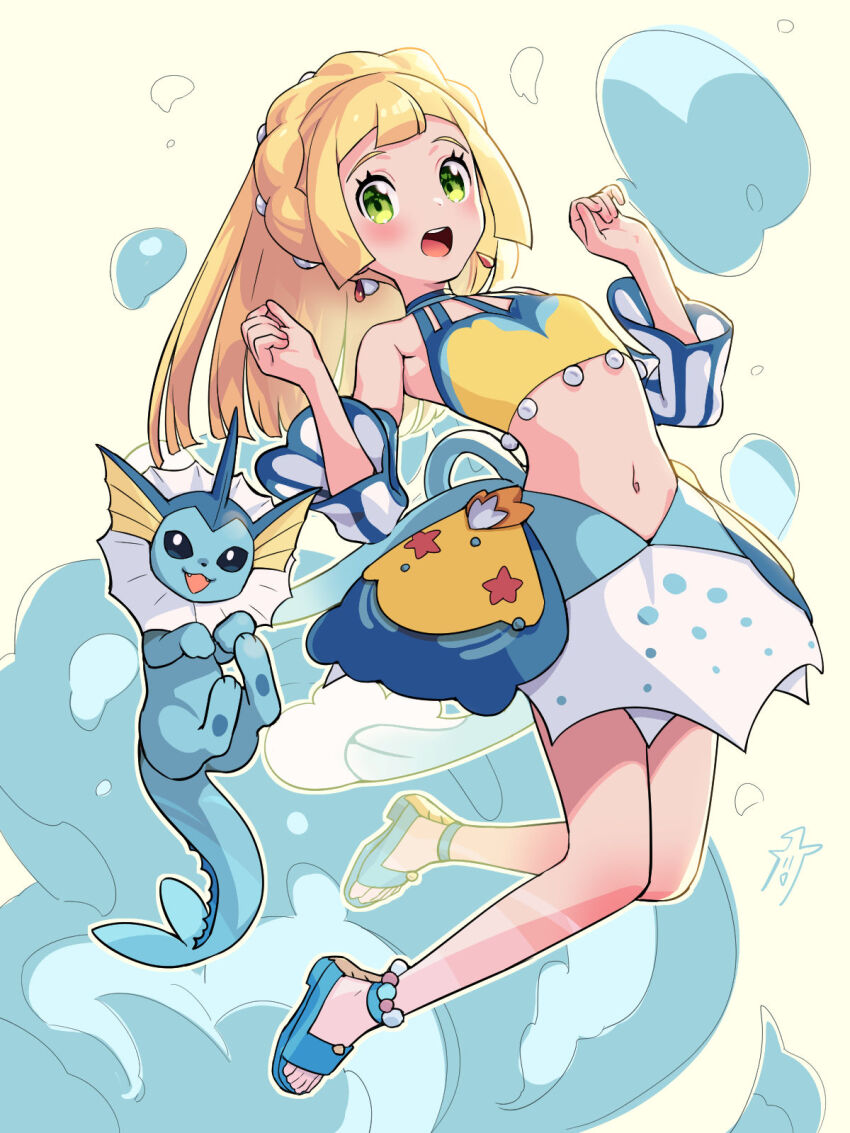 1girl, blonde_hair, blunt_bangs, blush, commentary_request, cosplay, detached_sleeves, eyelashes, gen_1_pokemon, green_eyes, green_footwear, hair_ornament, hands_up, highres, kinocopro, legs, lillie_(pokemon), long_hair, looking_at_viewer, midriff, misty_(pokemon), misty_(pokemon)_(cosplay), misty_(sygna_suit)_(pokemon), navel, nintendo, open_mouth, pokemon, pokemon_(creature), pokemon_masters_ex, sandals, skirt, teeth, toes, tongue, upper_teeth_only, vaporeon, w_arms, white_skirt