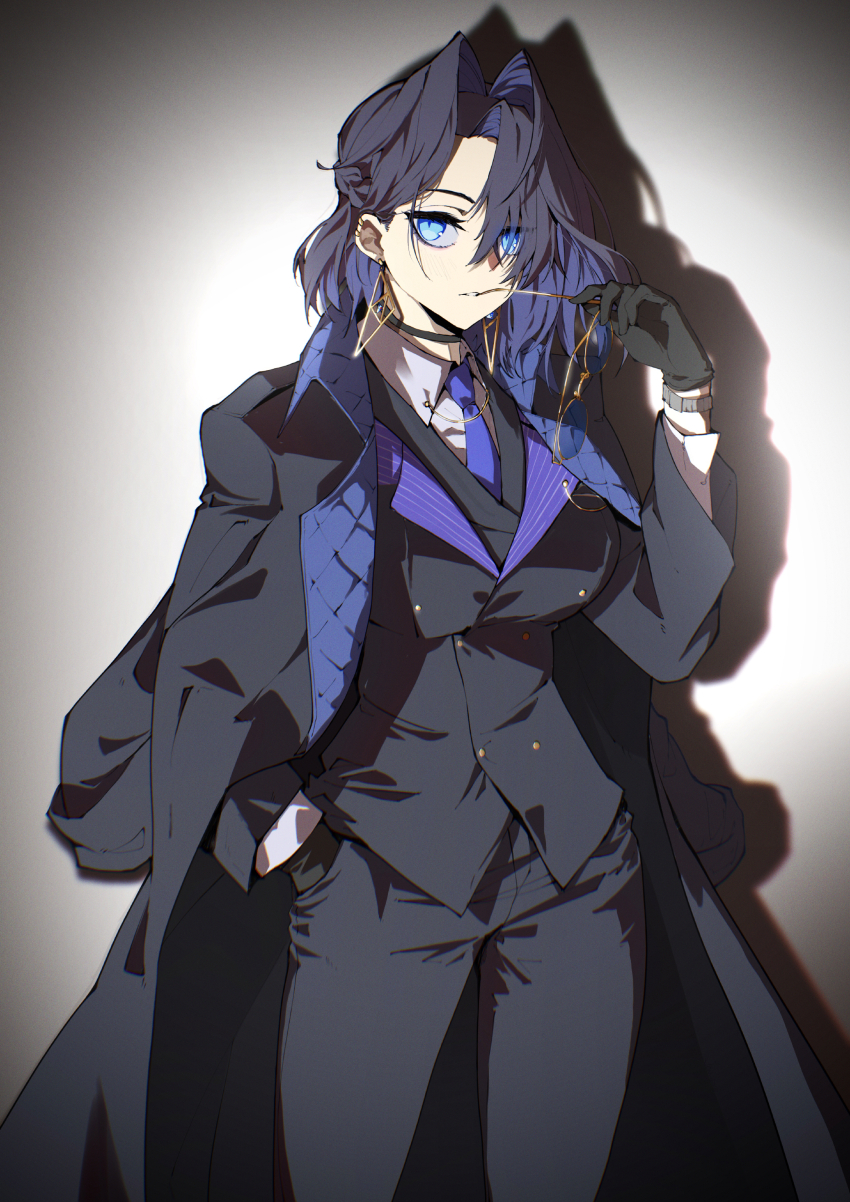 1girl, absurdres, arm_up, black_gloves, black_jacket, black_pants, black_suit, blue_eyes