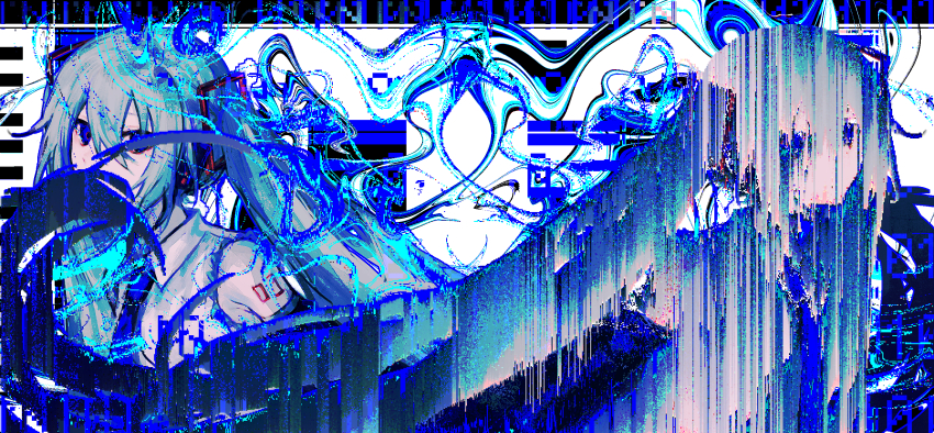 1girl, :|, bare_shoulders, binary, black_sleeves, blue_eyes, blue_hair, blue_necktie