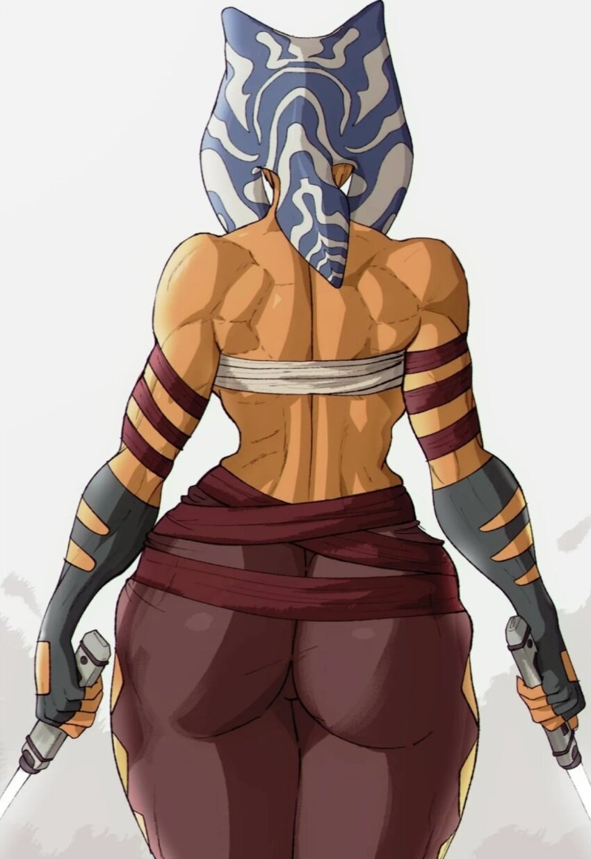 1girl, ahsoka_tano, alien, ass, ass_focus, back, back_focus, bare_shoulders, blue_hair, colored_skin, dual_wielding, energy_sword, facing_away, from_behind, highres, holding, holding_sword, holding_weapon, jedi, lightsaber, multicolored_hair, orange_skin, sarashi, simple_background, solo, star_wars, star_wars:_the_clone_wars_(2008_tv_series), sword, togruta, toned, toned_female, two-tone_hair, weapon, white_background, white_hair, white_lightsaber, yoracrab