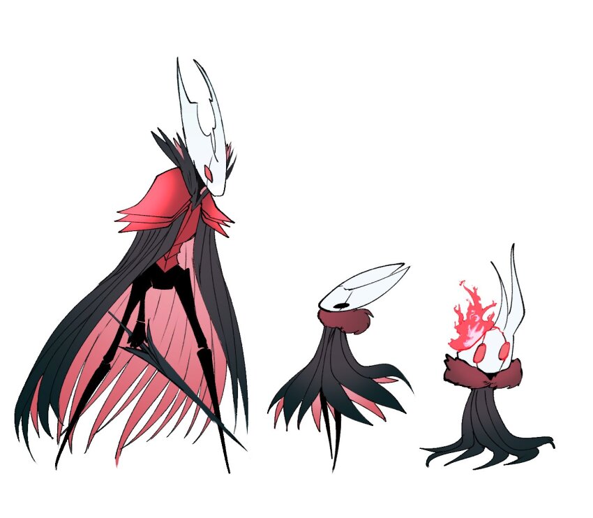 1girl, 2others, alternate_universe, armor, broken_vessel_(hollow_knight), cape, cosplay, cracked_mask