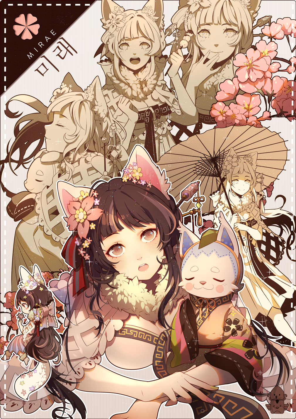 1girl, animal_ears, artist_collaboration, back_bow, black_sash, blunt_bangs, blush, blush_stickers