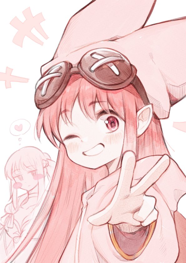 2girls, blush_stickers, fate/grand_order, fate_(series), habetrot_(fate), hat, heart, long_hair, morgan_le_fay_(fate), morgan_le_fay_(water_princess)_(fate), multiple_girls, one_eye_closed, pink_eyes, pink_hair, pointy_ears, ponytail, speech_bubble, thought_bubble, white_background, yamabuki_999