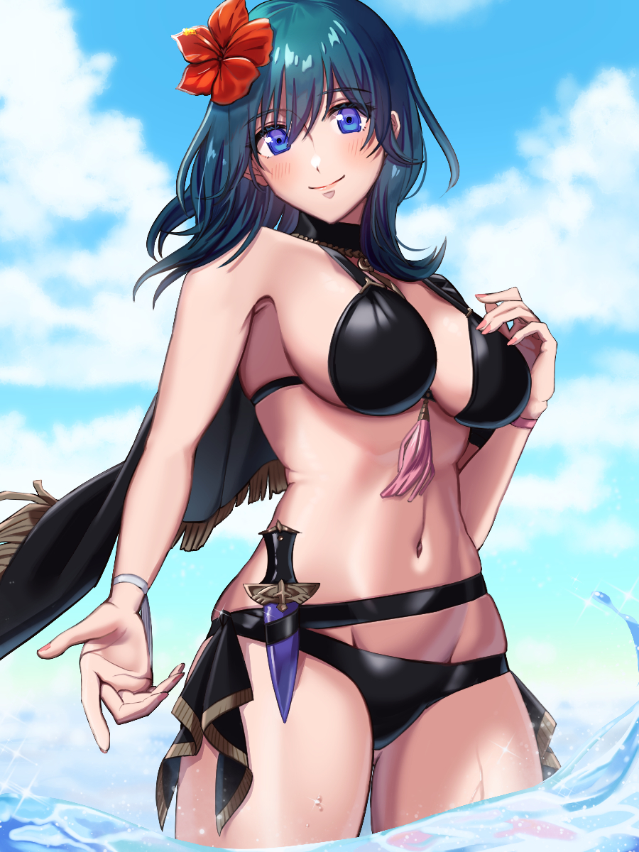 1girl, bare_shoulders, belt, bikini, black_bikini, blue_eyes, blue_hair, blue_sky, breasts, female_byleth_(fire_emblem), female_byleth_(summer)_(fire_emblem), capelet, cleavage, closed_mouth, cowboy_shot, dagger, female_focus, fire_emblem, fire_emblem:_three_houses, fire_emblem_heroes, flower, groin, hair_between_eyes, hair_flower, hair_ornament, halterneck, hibiscus, highres, knife, large_breasts, long_hair, looking_at_viewer, navel, nintendo, ocean, official_alternate_costume, partially_submerged, sandals, sideboob, sky, smile, solo, swimsuit, tassel, ushiroki, weapon, wet