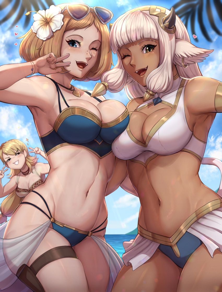 3girls, :d, ;d, absurdres, alternate_costume, animal_ears, ash_(fire_emblem), bare_shoulders, beach, blonde_hair, blue_sky, breasts, brown_eyes, brown_hair, cleavage, cow_ears, cow_girl, cow_tail, dark-skinned_female, dark_skin, ear_piercing, evomanaphy, eyewear_on_head, fire_emblem, fire_emblem_cipher, fire_emblem_heroes, flower, freckles, grey_hair, grin, groin, hair_flower, hair_ornament, heart, highres, horns, jewelry, female_kiran_(fire_emblem), kiran_(fire_emblem), large_breasts, long_hair, looking_at_viewer, multiple_girls, navel, nintendo, official_alternate_costume, one_eye_closed, open_mouth, piercing, sharena_(fire_emblem), short_hair, sky, smile, sunglasses, tail