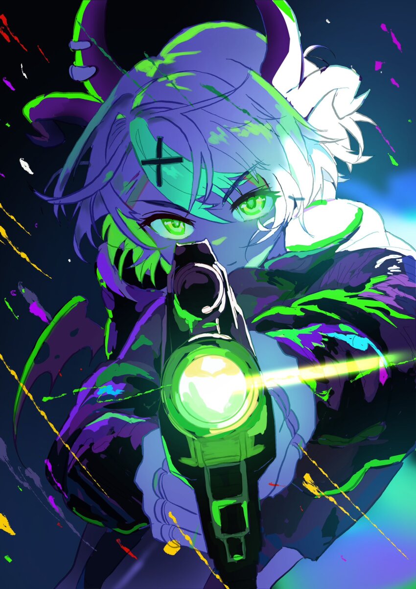 1girl, aiming, aiming_at_viewer, apricot_the_lich, apricot_the_lich_(goth), colored_inner_hair, demon_girl, demon_horns