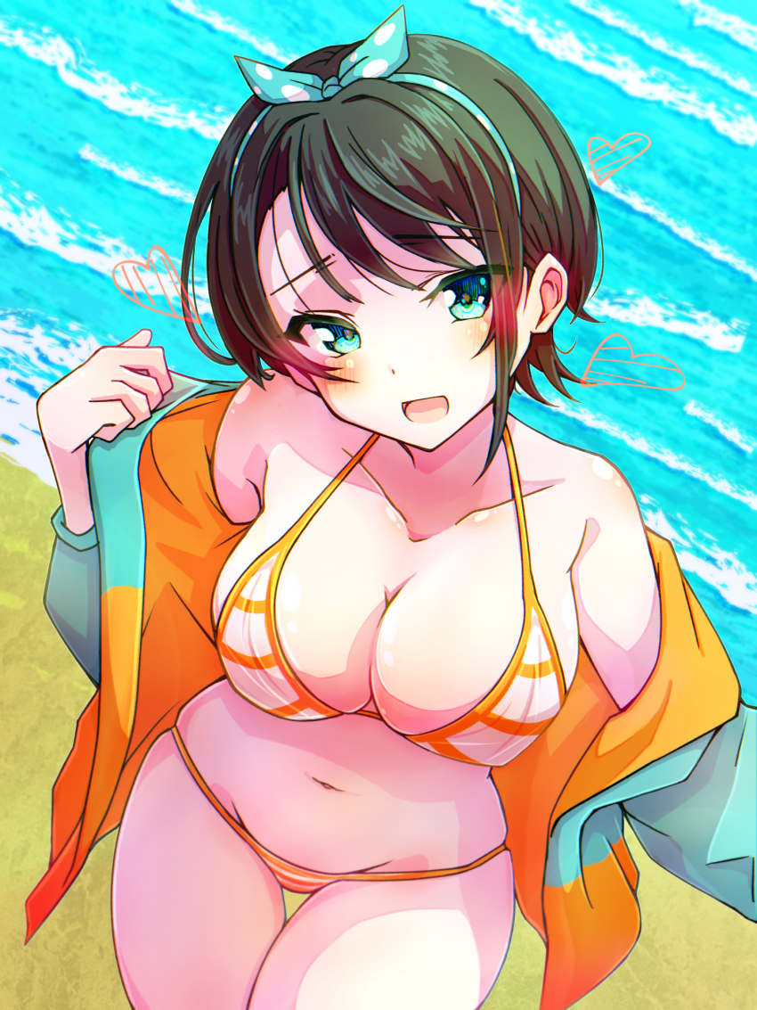 1girl, :d, aqua_eyes, aqua_jacket, bare_legs, beach, bikini, black_hair