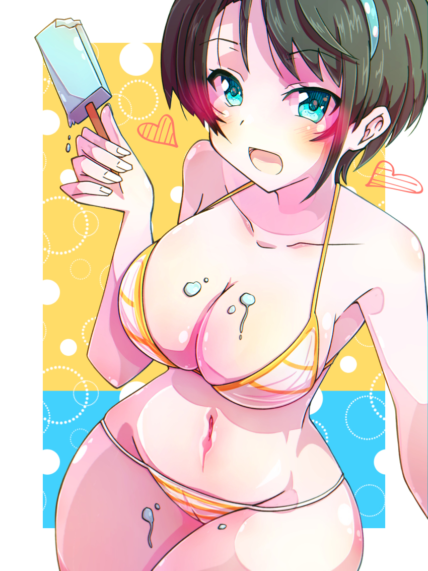 1girl, :d, aqua_eyes, bare_legs, bikini, black_hair, blush, breasts