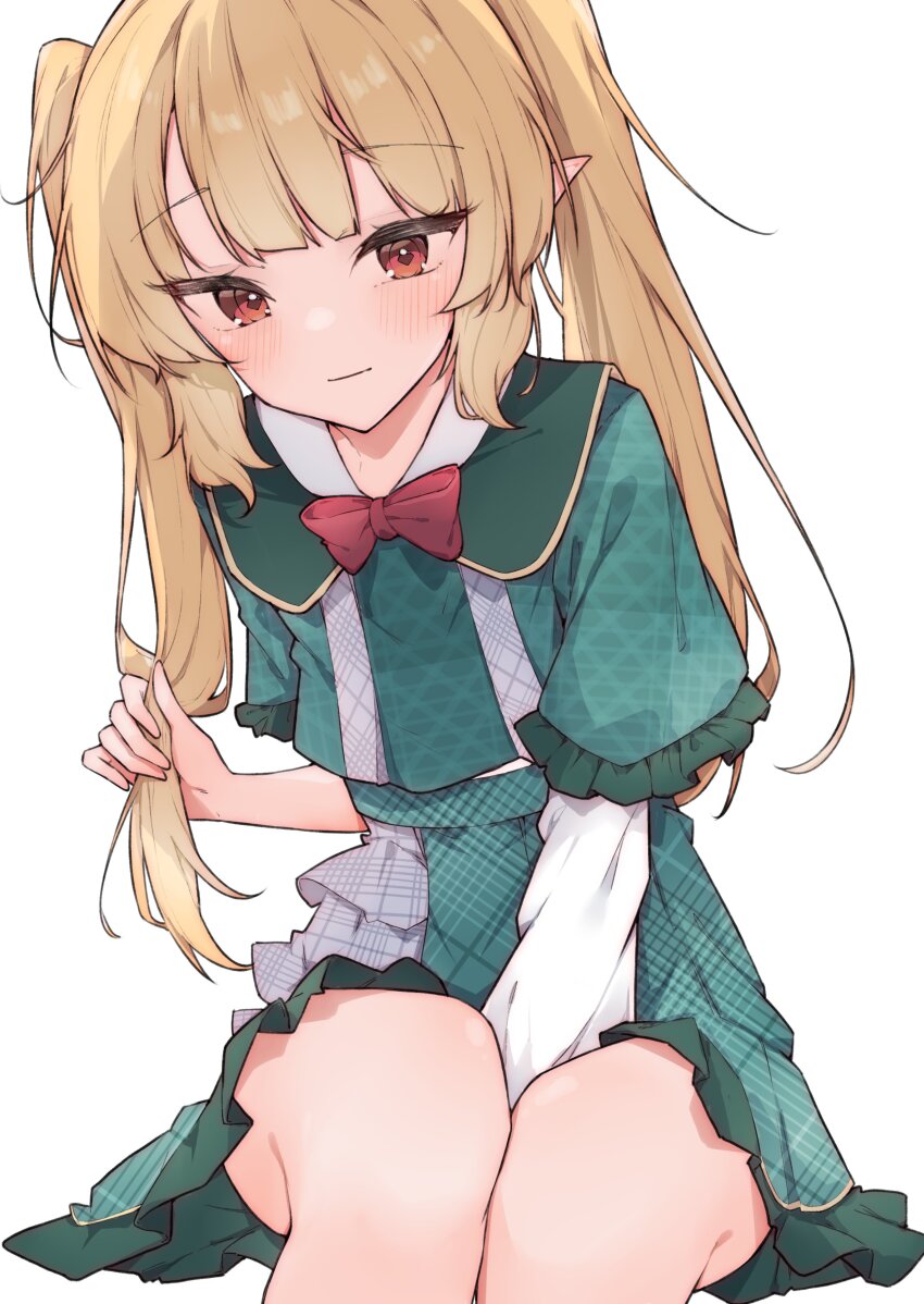1girl, absurdres, airenif, between_legs, blonde_hair, blush, bow, bowtie