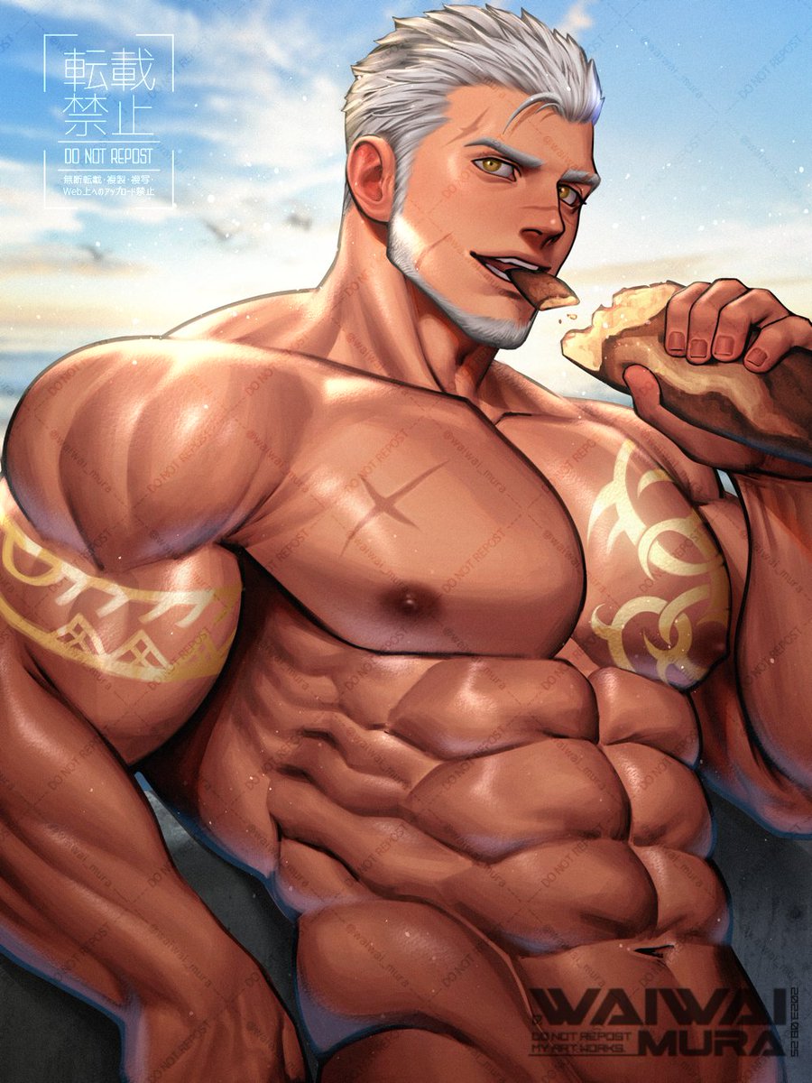 abs, arm_tattoo, bara, chest_tattoo, cloud, commission, cross_scar, day