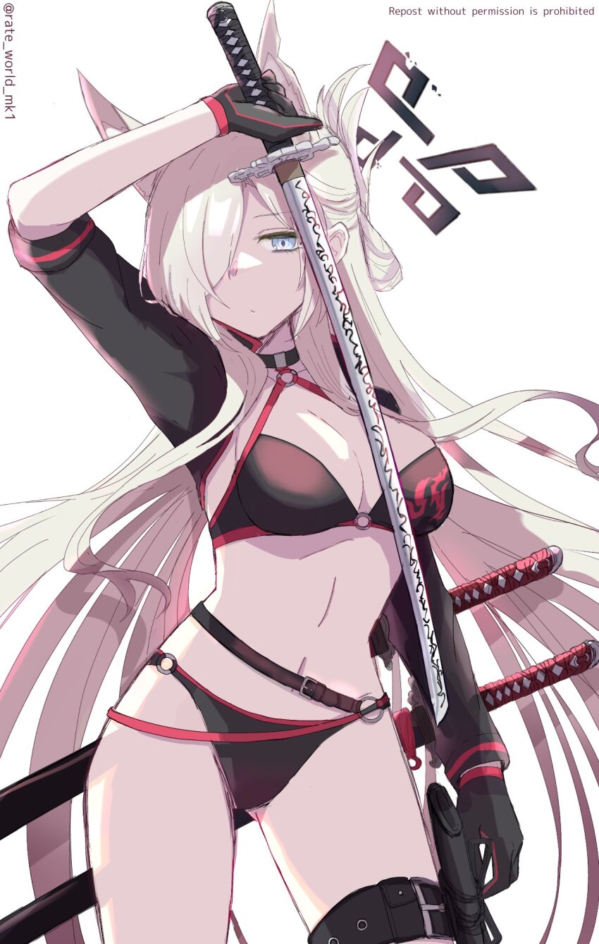 1girl, alternate_costume, animal_ear_fluff, animal_ears, ass, belt, bikini, black_bikini, black_choker, blue_archive, breasts, broken_halo, choker, cleavage, collarbone, commentary_request, cosplay, criss-cross_halter, cropped_jacket, dark_persona, dog_ears, dog_girl, extra_ears, fate/grand_order, fate_(series), grey_hair, hair_over_one_eye, halo, halterneck, highres, holding, holding_sword, holding_weapon, holster, jeanne_d'arc_alter_(fate), jeanne_d'arc_alter_(swimsuit_berserker)_(fate), jeanne_d'arc_alter_(swimsuit_berserker)_(fate)_(cosplay), kanna_(blue_archive), katana, large_breasts, long_bangs, long_hair, looking_at_viewer, medium_breasts, navel, original_terror_(blue_archive), rate_world_mk1, sidelocks, simple_background, sketch, sleeveless, solo, stomach, swimsuit, sword, thigh_belt, thigh_holster, thigh_strap, weapon, white_background