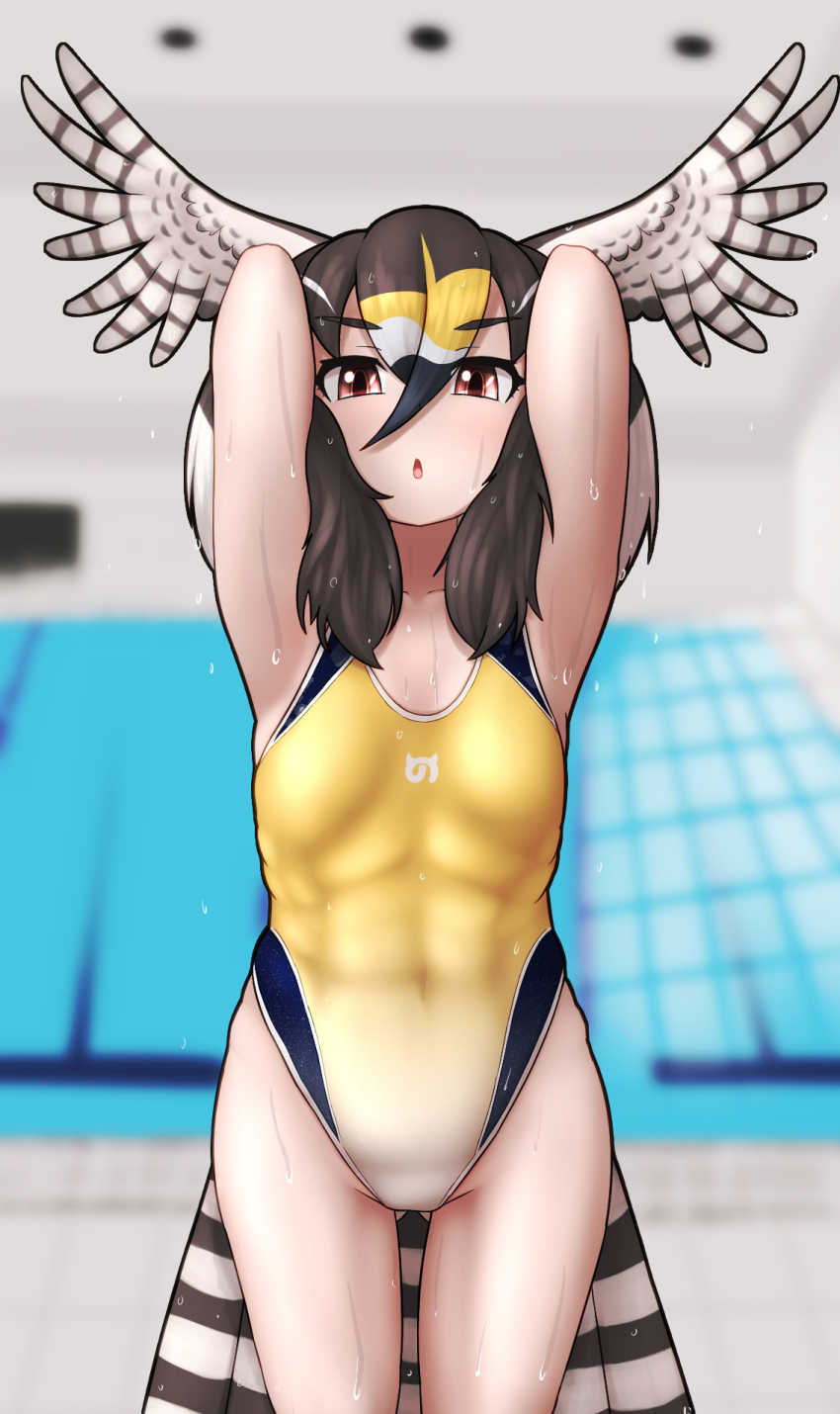 1girl, armpits, arms_behind_head, arms_up, bird_girl, bird_tail, bird_wings, black_hair