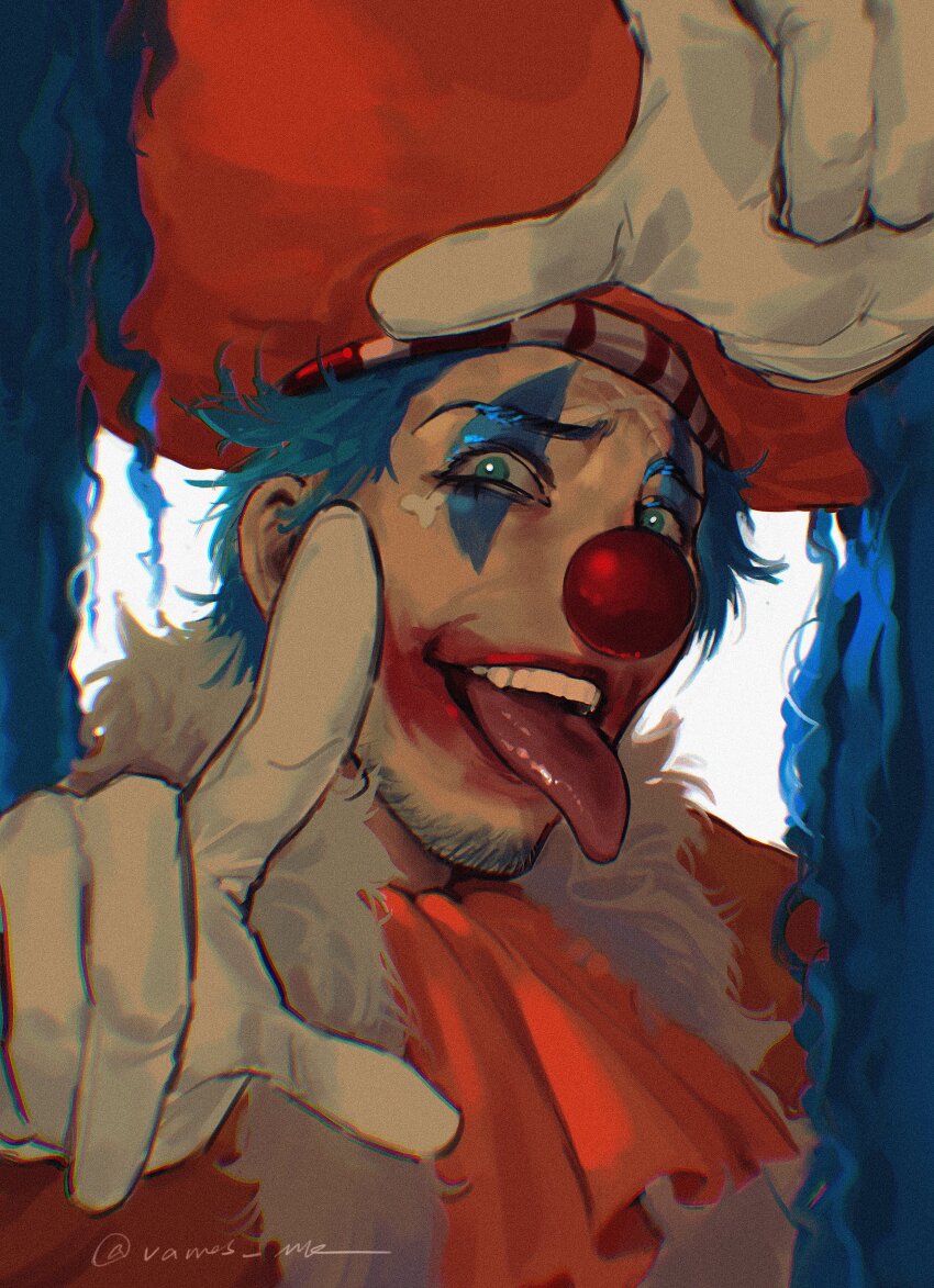 1boy, absurdres, ascot, blue_hair, buggy_the_clown, clown, clown_nose, commentary