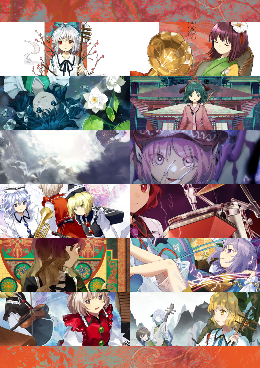 6+girls, absurdres, alternate_color, animal_ears, beamed_eighth_notes, beamed_sixteenth_notes, bird_ears, bird_wings