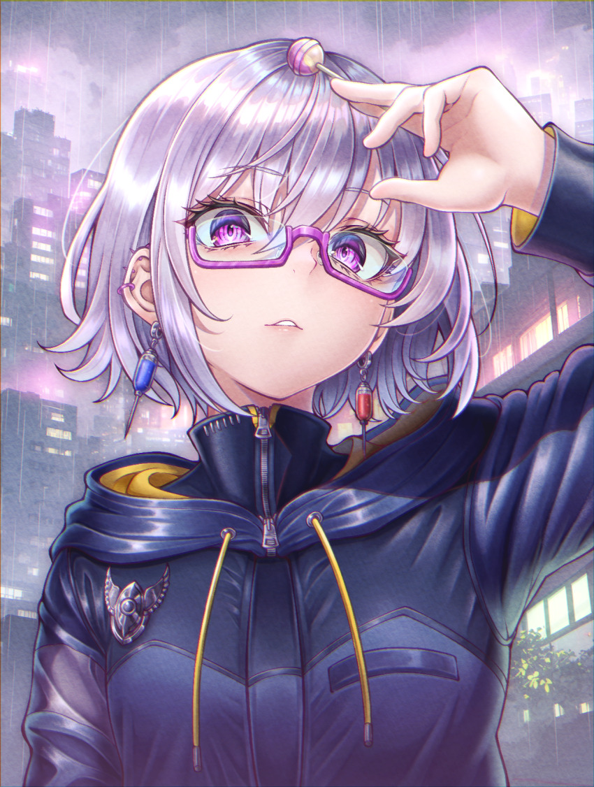 1other, blue_coat, brooch, candy, city, coat, commentary_request, donkikong_(pixiv17278003)