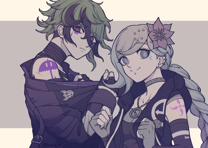 1boy, 1girl, bandaged_neck, bandages, black_coat, black_dress, blue_eyes, blue_hair, braid, closed_mouth, coat, dress, ear_piercing, elbow_gloves, eyeliner, facial_mark, fingerless_gloves, flower, fubuki_clockford, gloves, green_hair, hair_between_eyes, hair_flower, hair_ornament, hands_up, highres, hood, hooded_coat, jewelry, kuroi_10, long_hair, long_sleeves, looking_at_viewer, makeup, master_detective_archives:_rain_code, messy_hair, multicolored_hair, necklace, open_clothes, open_coat, piercing, pink_flower, purple_eyeliner, purple_eyes, short_hair, shoulder_tattoo, single_braid, sleeveless, sleeveless_coat, smile, streaked_hair, symbol_in_eye, tattoo, upper_body, vivia_twilight