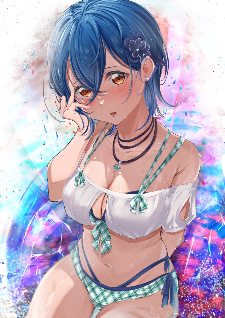1girl, absurdres, bikini, bikini_under_clothes, blue_bikini, blue_hair, blush, breasts