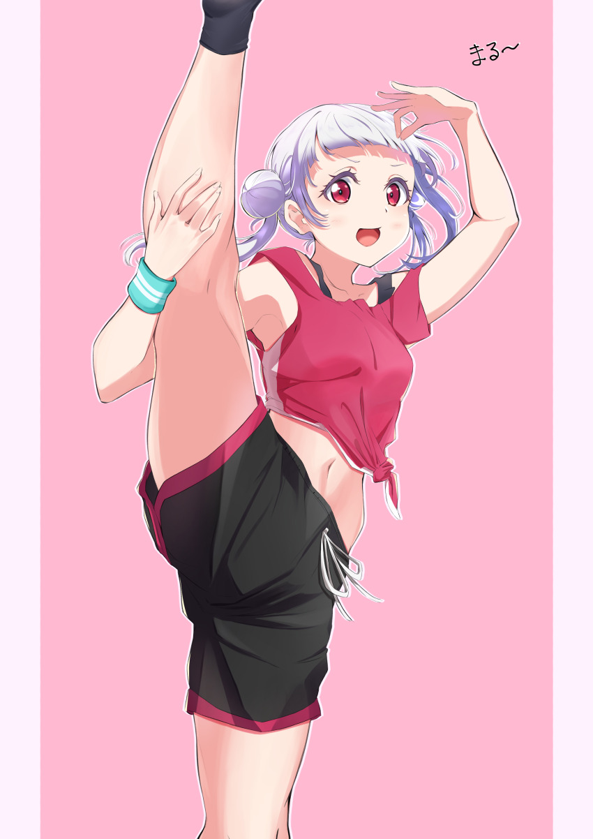 1girl, absurdres, arashi_chisato, bare_legs, black_shorts, black_socks, black_sports_bra, blunt_bangs