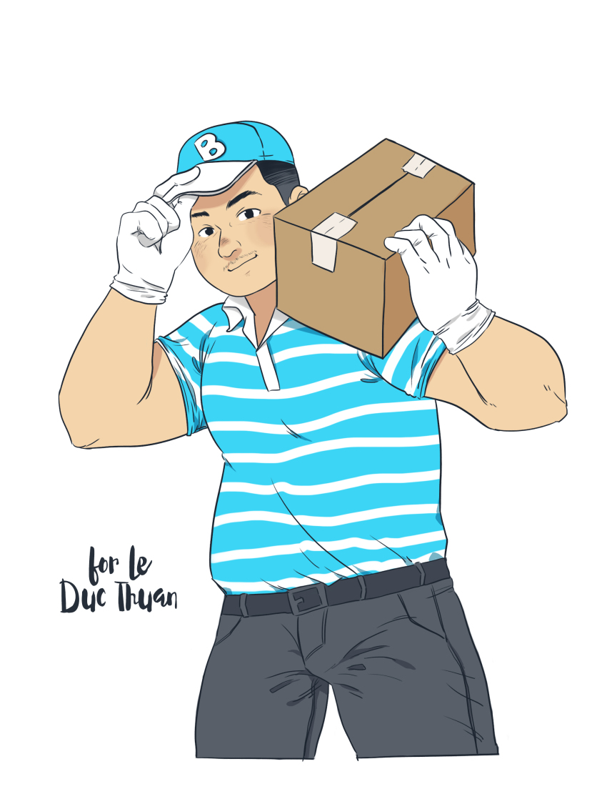 1boy, absurdres, bara, belly, blush, box, cardboard_box, carrying_over_shoulder