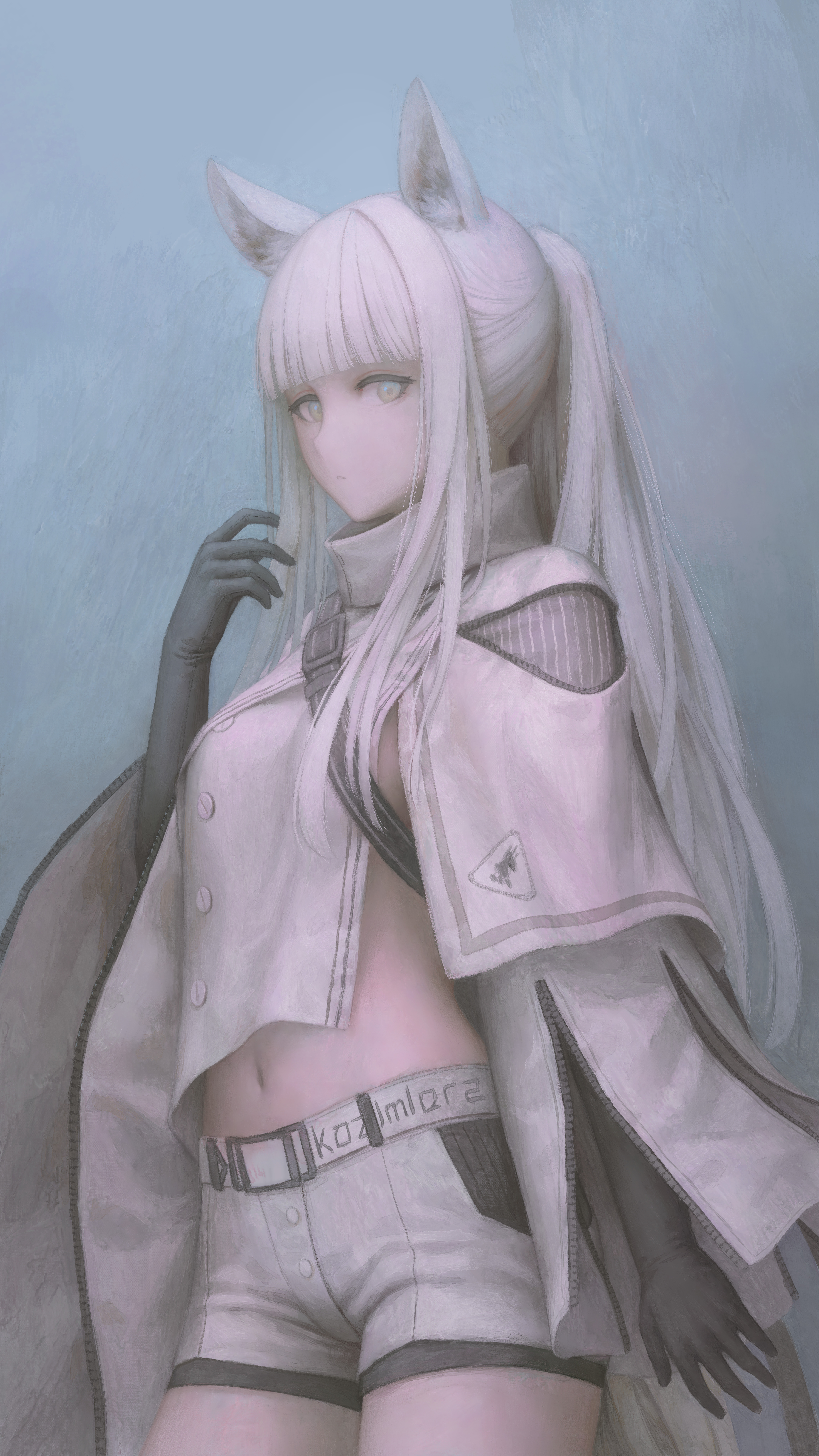 1girl, absurdres, animal_ear_fluff, animal_ears, arknights, arm_up, belt, black_gloves