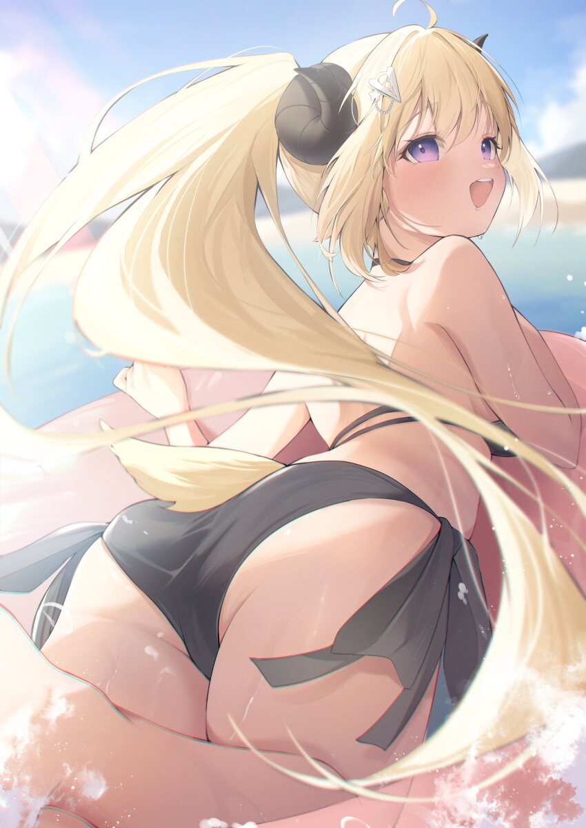 1girl, :d, absurdres, ahoge, ass, beach, bikini, black_bikini