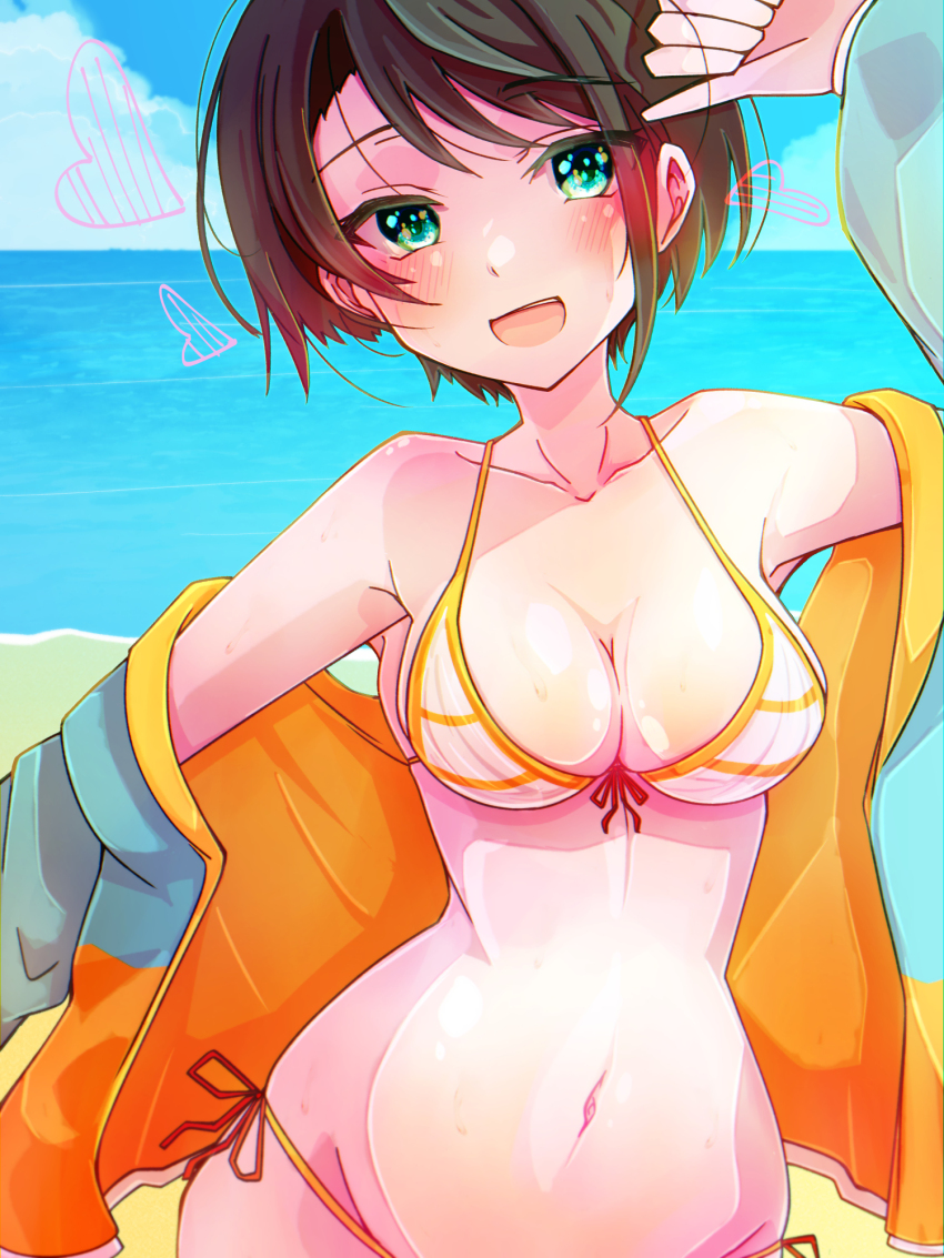 1girl, arm_up, beach, bikini, blue_eyes, blue_jacket, blue_sky, blush