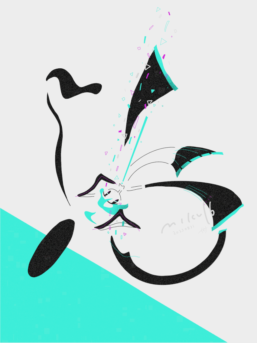 1girl, abstract, ahoge, aqua_background, aqua_hair, aqua_necktie, arched_back, black_boots