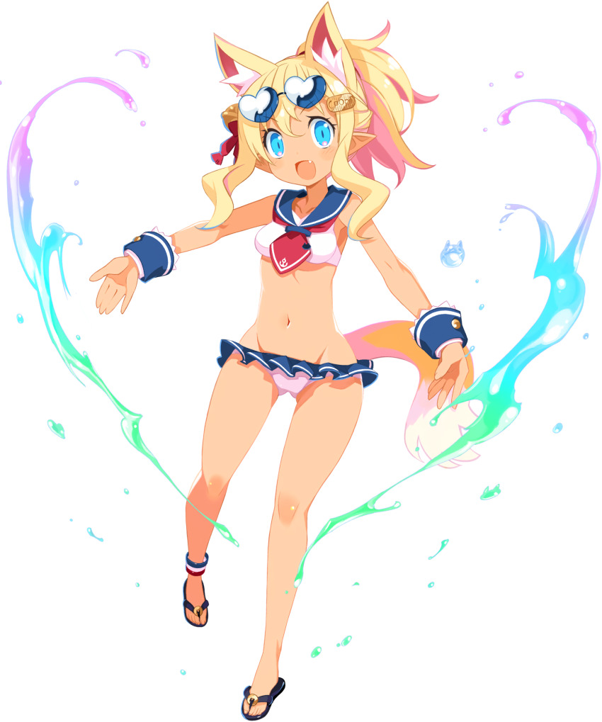 1girl, anchor_symbol, animal_ear_fluff, animal_ears, anklet, bell, bikini, blue_eyes, coin, disgaea, disgaea_rpg, fang, fox_ears, fox_tail, frilled_bikini, frills, full_body, gold, hair_bell, hair_ornament, heart, heart-shaped_eyewear, highres, jewelry, koban_(gold), navel, neckerchief, official_art, open_mouth, photoshop_(medium), pirilika_(disgaea), pointy_ears, sandals, semi-rimless_eyewear, solo, swimsuit, tail, transparent_background, updo, wrist_cuffs