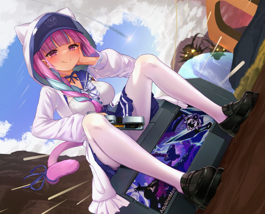1girl, apex_legends, b3_wingman, black_footwear, blue_hair, blue_ribbon, blue_skirt, box, braid, breasts, cat_girl, cat_tail, cloud, contrail, energy_barrier, energy_shield, explosion, gun, hand_on_own_cheek, hand_on_own_face, head_tilt, highres, holding, holding_gun, holding_weapon, hololive, hood, hood_up, hooded_jacket, in-universe_location, jacket, kings_canyon, long_hair, medium_breasts, minato_aqua, minato_aqua_(sailor), multicolored_hair, neck_ribbon, on_box, pantyhose, purple_eyes, purple_hair, ribbon, side_braid, sitting, sitting_on_box, skirt, sky, smile, smug, solo, streaked_hair, tail, virtual_youtuber, voidwalker_wraith, weapon, white_jacket, white_pantyhose, wraith_(apex_legends), wuming_xia