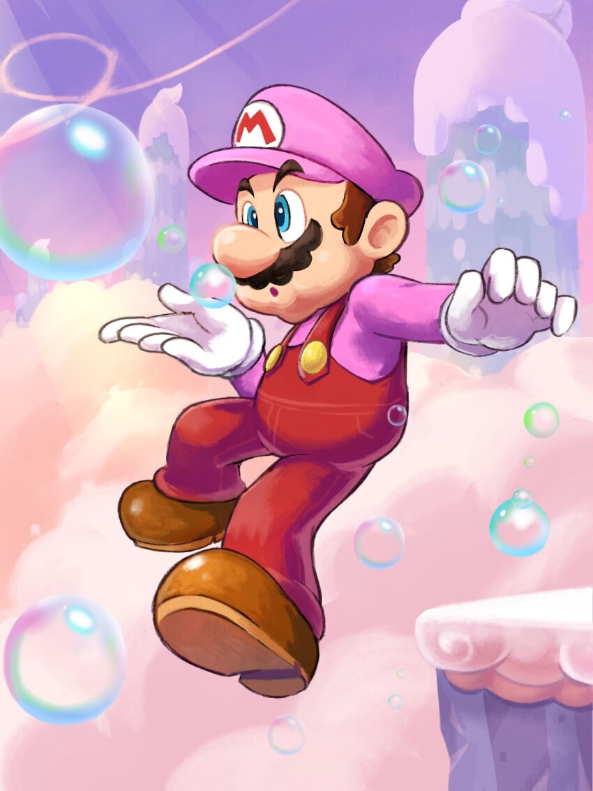 1boy, :o, blowing_bubbles, blue_eyes, brown_hair, brown_shoes, bubble, bubble_mario