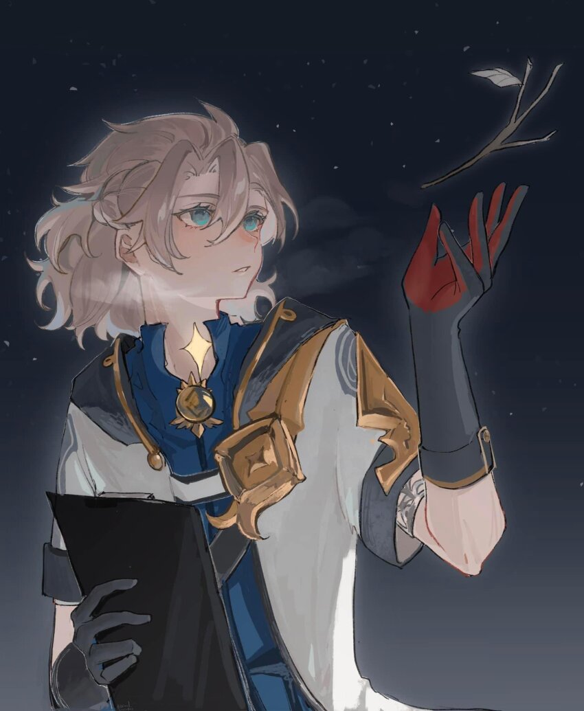 1boy, albedo_(genshin_impact), black_gloves, branch, cowboy_shot, from_side, genshin_impact, gloves, grey_hair, highres, kusur1_0901, looking_up, male_focus, night, outdoors, short_hair, sky, solo, star_(sky), star_(symbol)