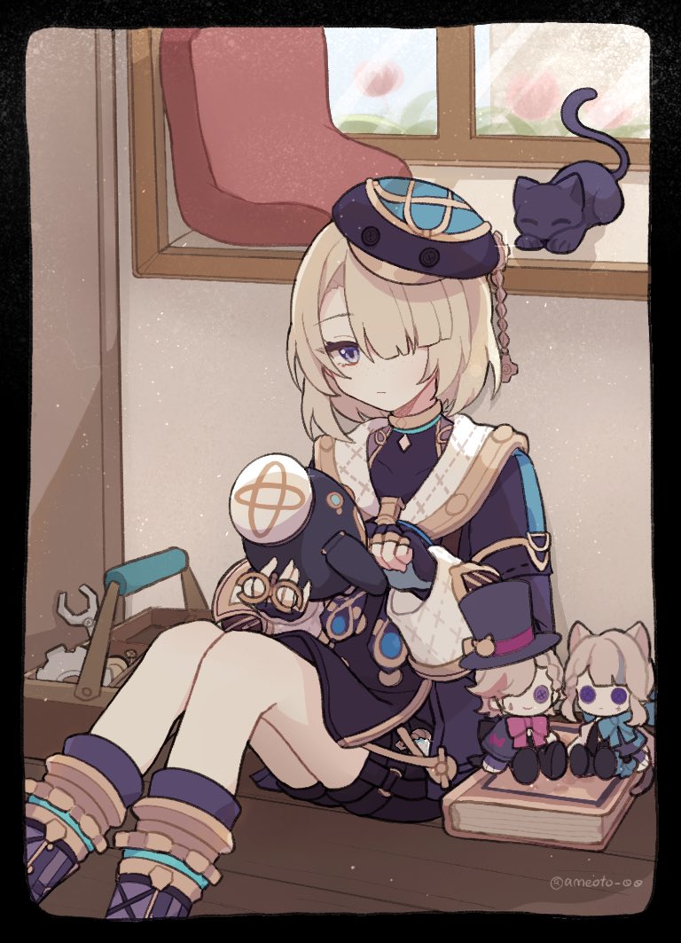 1boy, ameoto_00, artist_name, beret, black_border, black_cat, black_gloves, black_hat