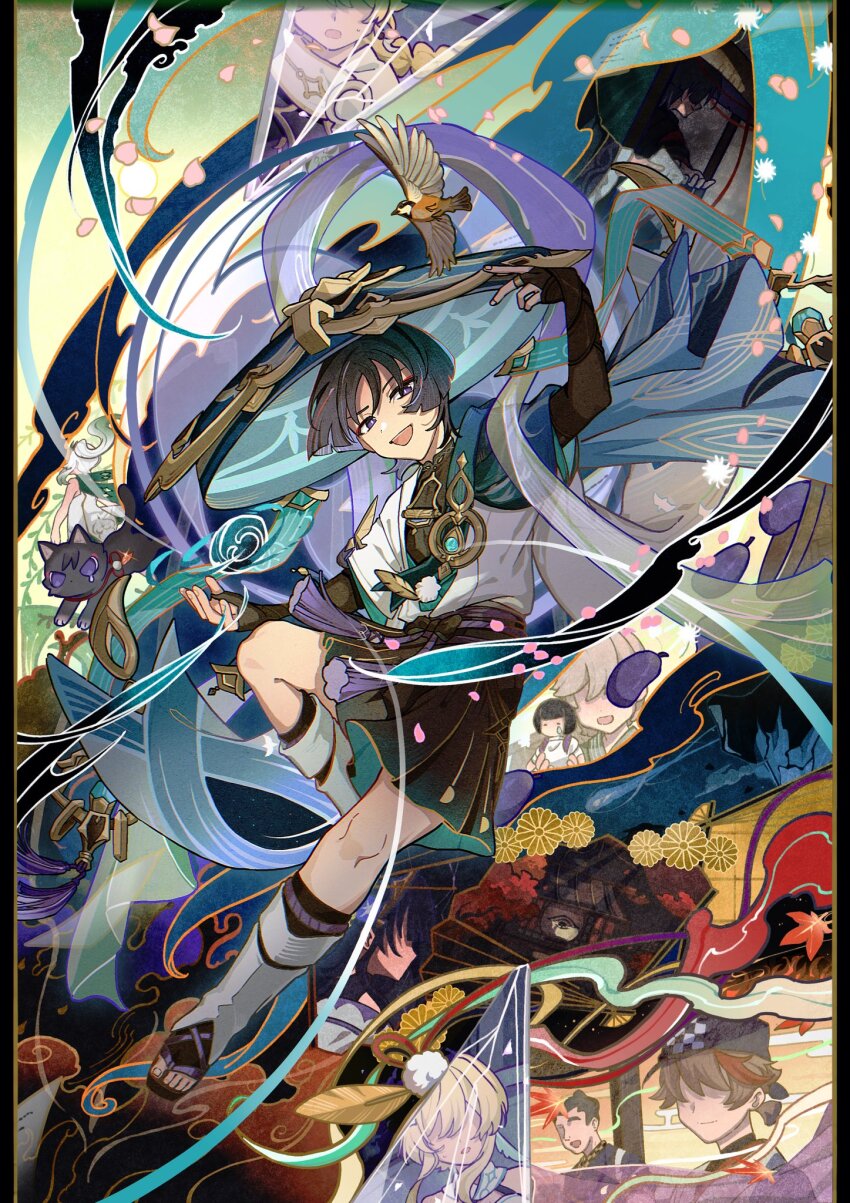 1boy, aether_(genshin_impact), black_hair, genshin_impact, hand_up, hat, highres, japanese_clothes