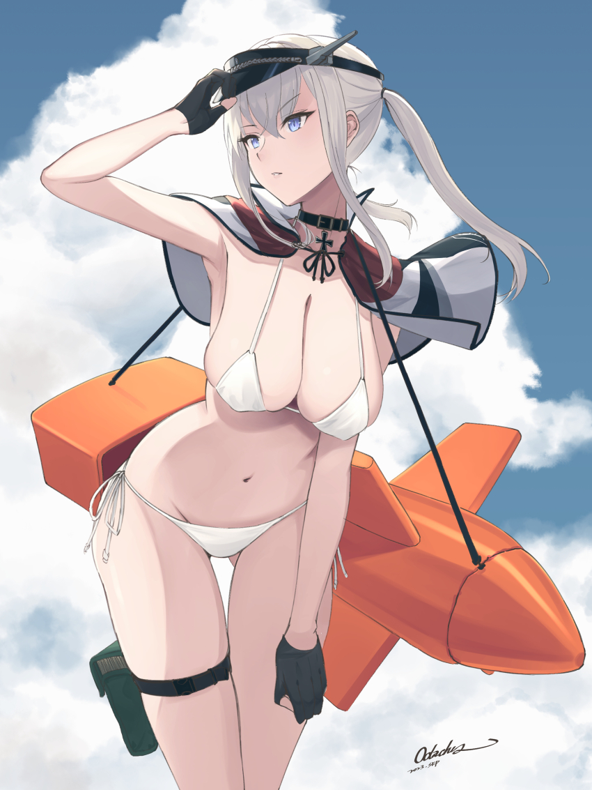 1girl, absurdres, alternate_costume, artist_name, bikini, black_choker, black_gloves, black_hat, blue_eyes, blue_sky, breasts, capelet, choker, cleavage, cloud, cloudy_sky, commentary_request, dated, feet_out_of_frame, fritz_x, gloves, gluteal_fold, graf_zeppelin_(kancolle), grey_hair, hat, highres, kantai_collection, large_breasts, leaning_forward, long_hair, navel, odachu, outdoors, partially_fingerless_gloves, side-tie_bikini_bottom, sky, solo, swimsuit, thigh_strap, twintails, visor_cap, white_bikini