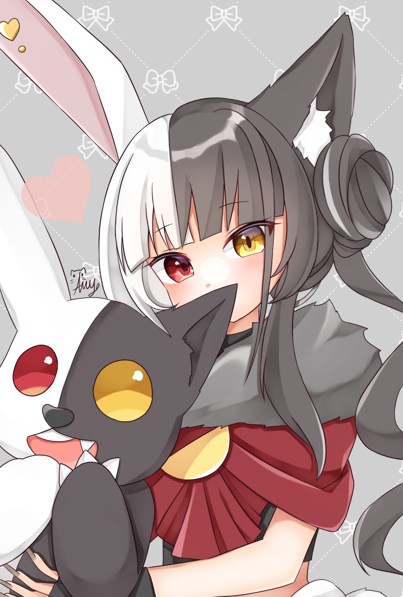 1girl, animal_ears, asymmetrical_ears, asymmetrical_hair, blunt_bangs, blush, capelet, covering_own_mouth